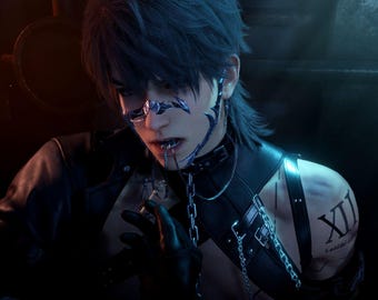 May include: Digital artwork depicting a person with dark hair and a black leather jacket. They are adorned with a silver face accessory and a choker with a chain. A tattoo with the Roman numeral XII is visible.