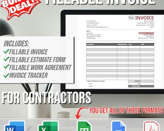 May include: A digital illustration of a bundle deal for contractors. The bundle includes a fillable invoice, estimate form, work agreement, and invoice tracker. The image shows the bundle available in Word, Excel, Google Sheets, Google Docs, and PDF formats.