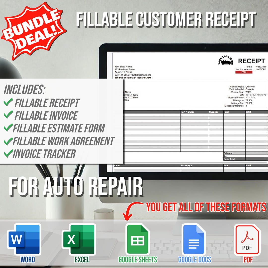 Automotive Repair Receipt Template, Vehicle Repair Receipt, Auto Body ...