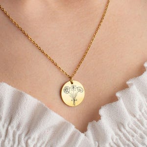 Gold Disk Birth Flower Necklace, Personalized Floral Pendant