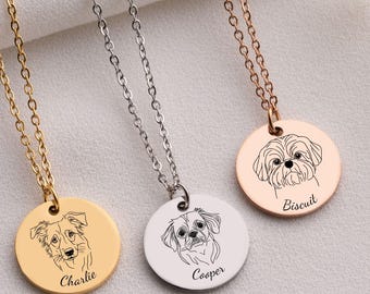 Custom Pet Portrait Necklace, Engraved Dog Memorial Jewelry