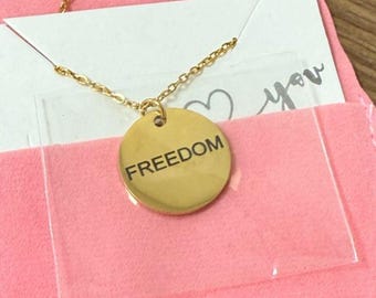 Freedom Medallion Necklace, Engraved Stainless Steel Disc Pendant