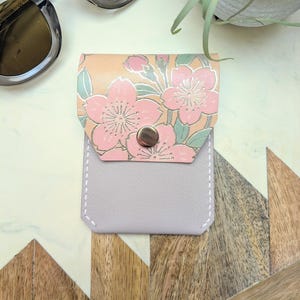 Handmade Women's Leather Mini Snap Cardholder Wallet with Pink Floral Sakura Blossom Hand Painted Art