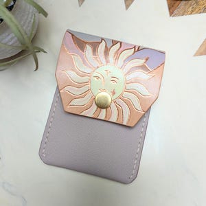 Leather Mini Cardholder Snap Wallet with Hand Painted Sunshine Celestial Art