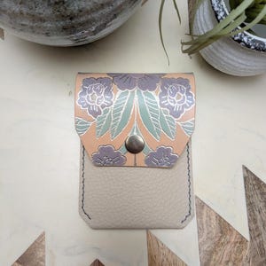Silver Floral Art Hand Painted Leather Snap Mini Cardholder Wallet