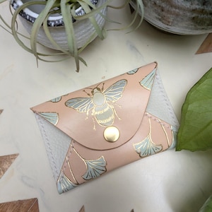 Mini Leather Envelope Wallet with Hand-Painted Bee and Gingko Leaf Design in Subtle Gold Hues