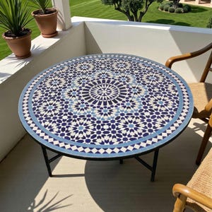 Custom Moroccan Mosaic Table - Round Zellige Tile Coffee Table, Outdoor Patio Bistro Table, Handcrafted Ceramic Accent Table
