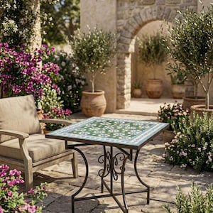 May include: A square outdoor table featuring a green and white mosaic tile top with a geometric pattern, supported by a black metal frame with curved legs. The table is positioned on a stone patio surface, showcasing a decorative tile design.