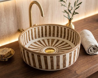 Hand Painted Moroccan Ceramic Vessel Sink, Round Countertop Basin, Brown Cream Stripes, Brass Drain Included +  Free Gift