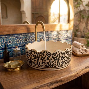 Hand-Painted Moroccan Ceramic Vessel Sink – Wavy Gold Rimmed Basin – Fez Pottery Art Sink + GIFT