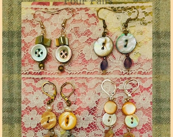 Button Earrings Long - Shell, Mother of Pearl, Bronze, Stars, Silver, Dyed Shell, Earrings, Jewelry, Unique, Twee, Whimsical, Buttons, Cute