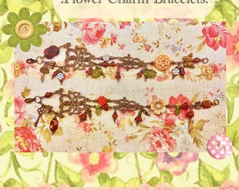 Charm Bracelet Flower Glass Spring Summer Jewlery Cute Twee Tweecore Whimsical Whimsigoth Handmade Handcrafted Bronze Tulips Flowers Nature