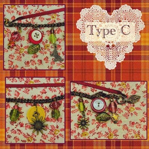 May include: A collage showing three charm bracelets with decorative elements. Each bracelet has a chain, ribbon, and charms such as buttons, beads, and metal leaves. The background is a floral pattern on a red and white fabric.