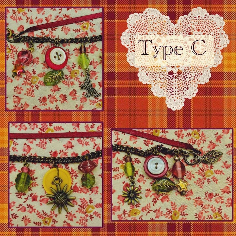 May include: A collage showing three charm bracelets with decorative elements. Each bracelet has a chain, ribbon, and charms such as buttons, beads, and metal leaves. The background is a floral pattern on a red and white fabric.