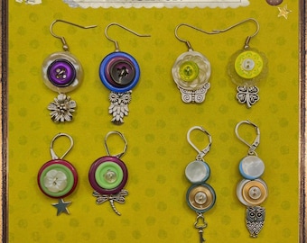 Button Earrings Silver - Charms Buttons Clovers Owls Twee Whimsical Bugs Colorful Cute Butterfly Jewelry Whimsy Stars Unique Heart Flowers