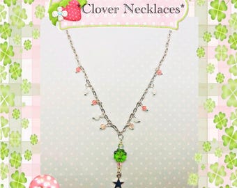 Clover Necklace - Green Four-leaf Clovers Summer Spring Glass Beads Jewelry Earrings Twee Cute Flowers Stars Pink Heisei Whimsy Nature
