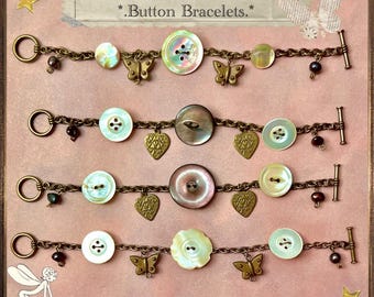 Button Mother of Pearl Bracelets - Jewelry Buttons Pearls Vintage Bronze Shell Whimsical Whimsigoth Butterfly Heart Charms Purple Iridescent