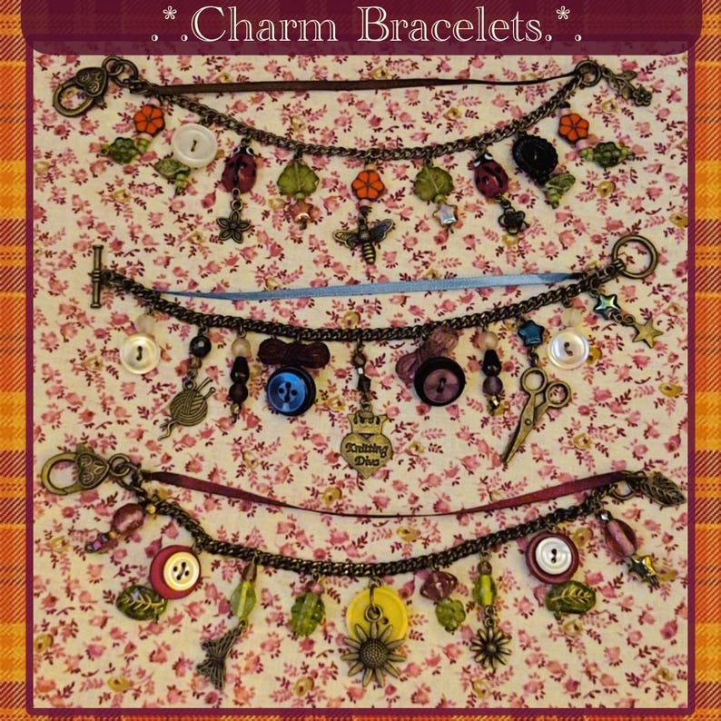 May include: Three charm bracelets with assorted charms, including buttons, beads, and metal pendants. The bracelets are displayed on a floral patterned background. The charms include a bee, scissors, and a sunflower. The text "Charm Bracelets" is at the top.