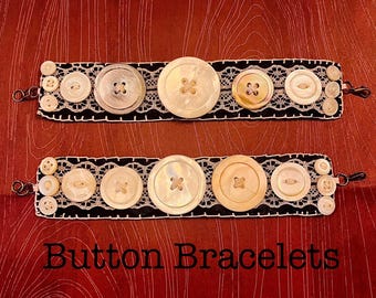 Button Bracelets - Button Cuff Bracelets, Lace, Buttons, Ribbon, Handcrafted, Twee Core, Shell, Mother of Pearl, Cute, Bronze, Vintage, Cute