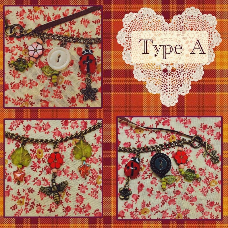 May include: A selection of charm bracelets with decorative charms. Each bracelet has a chain with charms including ladybirds, flowers, buttons, and leaves. The background is a floral pattern on a red and orange plaid.