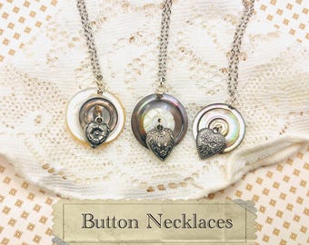 Button Necklaces - Buttons Jewelry Necklace Vintage Shell Mother of Pearl Silver Antique Jewelry Iridescent Whimsical Twee Whimsy Charm Gift