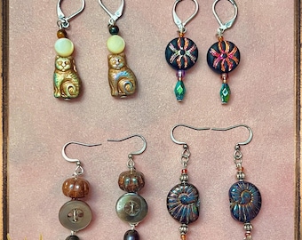 Czech Glass Earrings Silver Whimsical Jewelry Buttons Pearls Gemstone Whimsigoth Twee Cat Shell Ammonite Buttons Mother of Pearl Iridescent