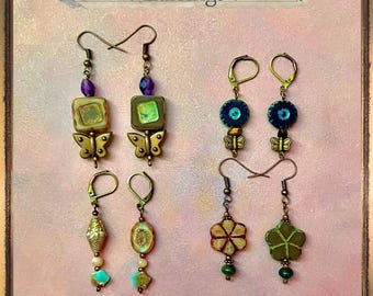 Czech Glass Earrings Bronze Whimsical Jewelry Buttons Pearls Gemstone Whimsigoth Twee Tiger-eye Agate Jasper Fluorite Shell Butterfly Flower