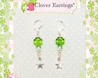 Clover Earrings - Green Four-leaf Clovers Summer Spring Glass Beads Jewlery Earrings Twee Cute Flowers Stars Pink Gift