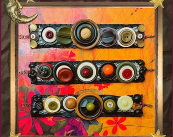 Button Bracelets Art Deco Autumnal Cuff Bracelets Lace Button Vegetable Ivory Handcrafted Twee Mother of Pearl Whimsical Vintage Colorful