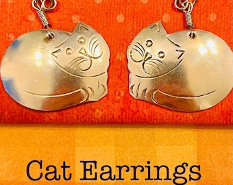 Cat Earrings - Long Earrings, Silver, Cats, Whimsical, Twee, Twee Core, Cute, Jewelry, Kittys, Whimsigoth, Present, Simple Jewelry, Pretty