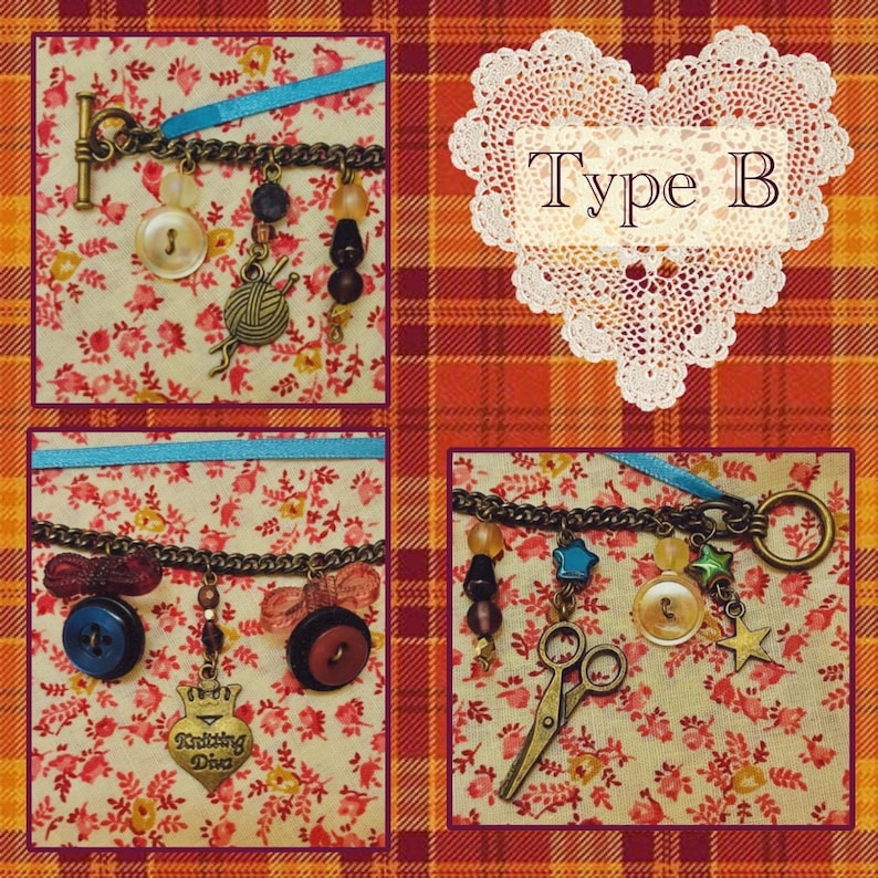 May include: Three charm bracelets with decorative beads and charms, such as buttons, scissors, and yarn, are displayed. The bracelets are set against a floral fabric background, with a heart-shaped doily that says "Type B".
