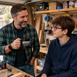 May include: A black ceramic mug featuring the white text Boycott Ordinary in a script font. The mug is held by a person wearing a green and blue plaid flannel shirt over a black t-shirt, with a black digital watch on their wrist.