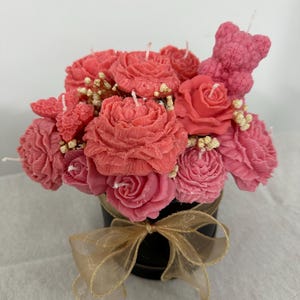 Red Luxury Floral Candle Bouquet – Birthday Mothers Day Gift for Her Scented Flower Teddy Candle Arrangement – Emboquet Handmade Gift