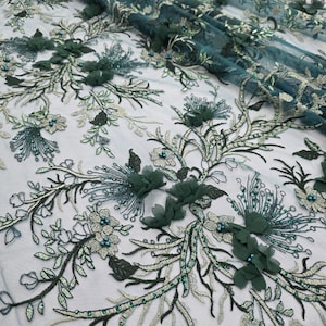 3D Flower Design on Mesh Lace Fabric Hunter Mint Green Floral Embroidery Colorful Tulle Lace for Dance Costume Prom Bridal Wedding Decor