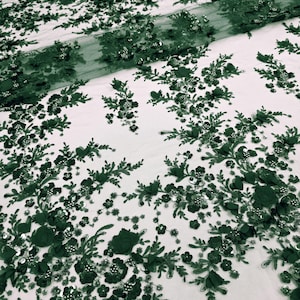 Hunter Green 3D Polyester Floral Embroidery with Pearls and Sequins on Mesh Lace Fabric by the Yard for Gowns Bridal Dress Prom Couture