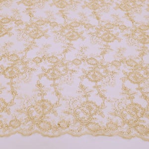Champagne Gold Metallic Corded Floral Embroidery with Sequins on Mesh Lace Fabric by the Yard for Gowns Prom Sewing Lace Fabric for Designer