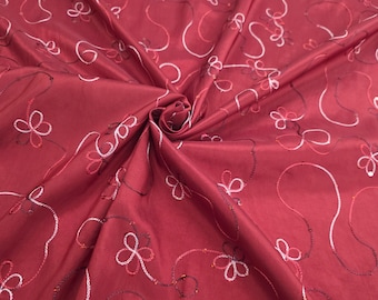 Dark Red Floral Embroidered Taffeta Fabric with Sequins: Gown & Costume Sewing