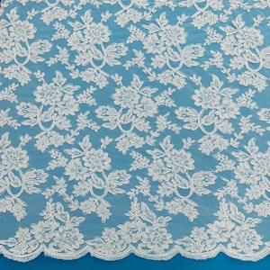 White Corded Lace Fabric by the Yard Alencon Floral Embroidery Design for Bridal Gown Wedding Dress Fabric French Lace Alencon Designer Lace