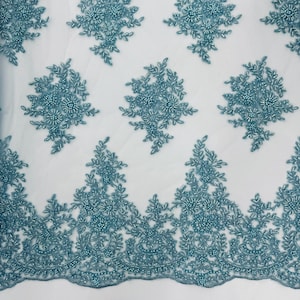 Blue Beaded Fabric by the Yard Applique Floral Blue Lace Flower Pattern for Prom Dress Quinceanera Gown Sewing Fabric for Designer Couture