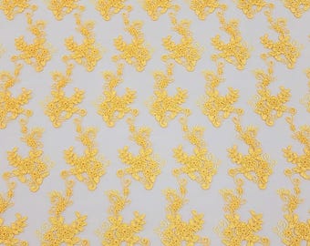 Yellow Floral Corded Lace Fabric with Scalloped Edge by yard for Dress
