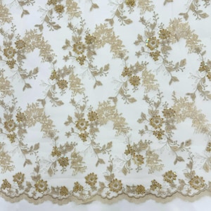 Champagne Beaded Fabric by the Yard Floral Lace Pattern for Prom Dress Quinceanera Gown Sewing Fabric Lace with Accesories Party Decor Lace