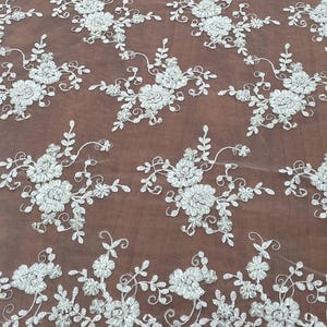 Ivory Gold Beaded Lace Mesh Fabric by the Yard Floral Embroidery Design for Bridal Gowns Wedding Dress Costume Scalloped Fabric Applique