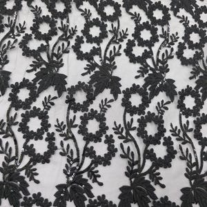 Black Floral Sequin Lace Fabric: Embroidery on Mesh, Gown Costume Dress