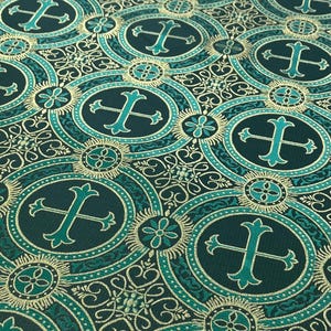 Green Gold Liturgical Brocade Jacquard Fabric Cross Religious Church Metallic Jacquard by the yard for Vestment Ecclesiastical Clergy Apron