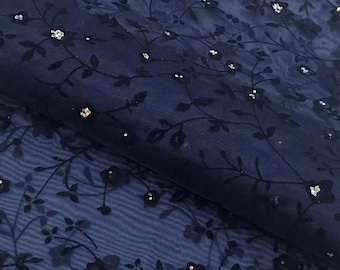 Navy Blue Floral Flocked Organza Fabric by the Yard, Sheer Bridal Gown Material
