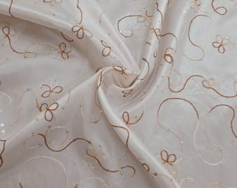 Ivory Taffeta Fabric: Floral Embroidery with Sequins - Gown & Costume Material
