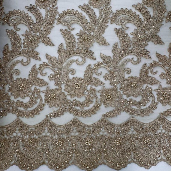 Champagne Beaded Floral Lace Fabric: Corded Prom Dress Gown