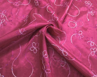 Fuchsia Floral Embroidered Sequin Taffeta Fabric: Gown & Costume Material