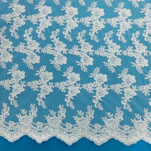 White Corded Lace Fabric by the Yard Alencon Floral Embroidery Design for Bridal Gown Wedding Dress Fabric French Lace Alencon Designer Lace