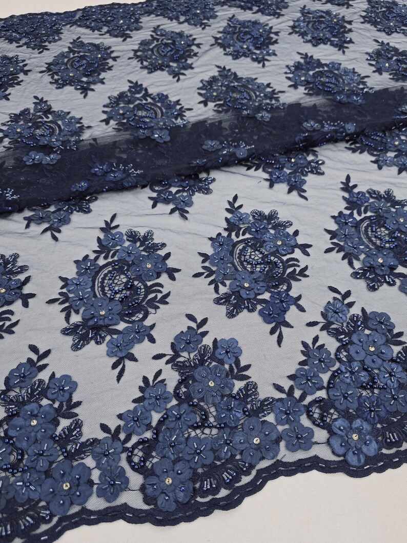 Navy Blue 3D Floral Beaded Sequin Embroidery Lace Fabric by the Yard ...